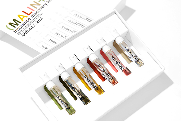 Malin + Goetz fragrance discovery kit features 6 sample sizes of Bergamot, Cannabis, Dark Rum, Leather, Strawberry, and Vetiver eau de parfums. 